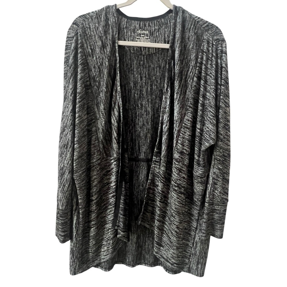 Soma Melange Wrap Cardigan Sweater Women L Long Sleeve Black Gray Relaxed Lounge